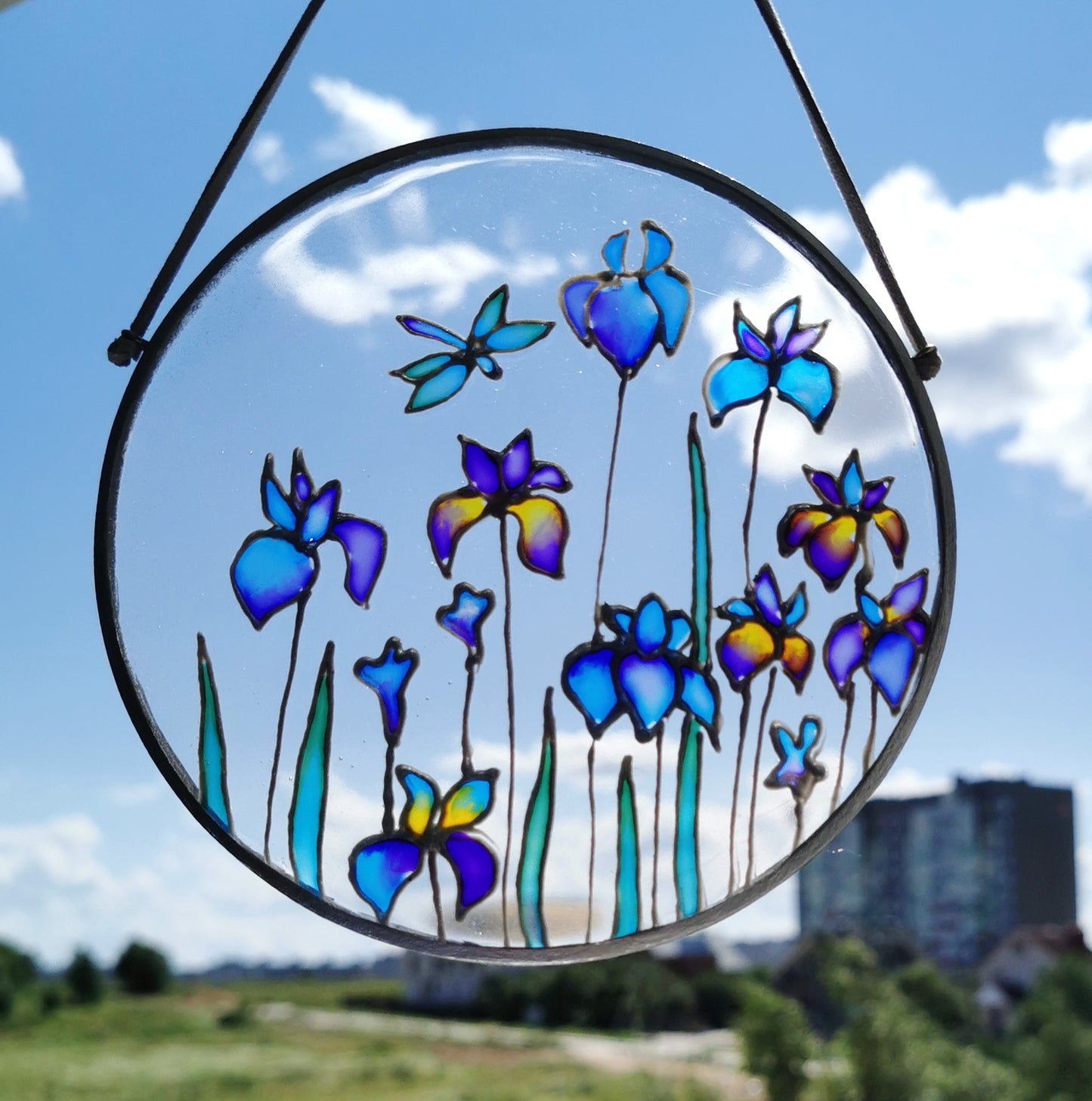 Stained glass flower sun catcher for window hanging Iris flower decor