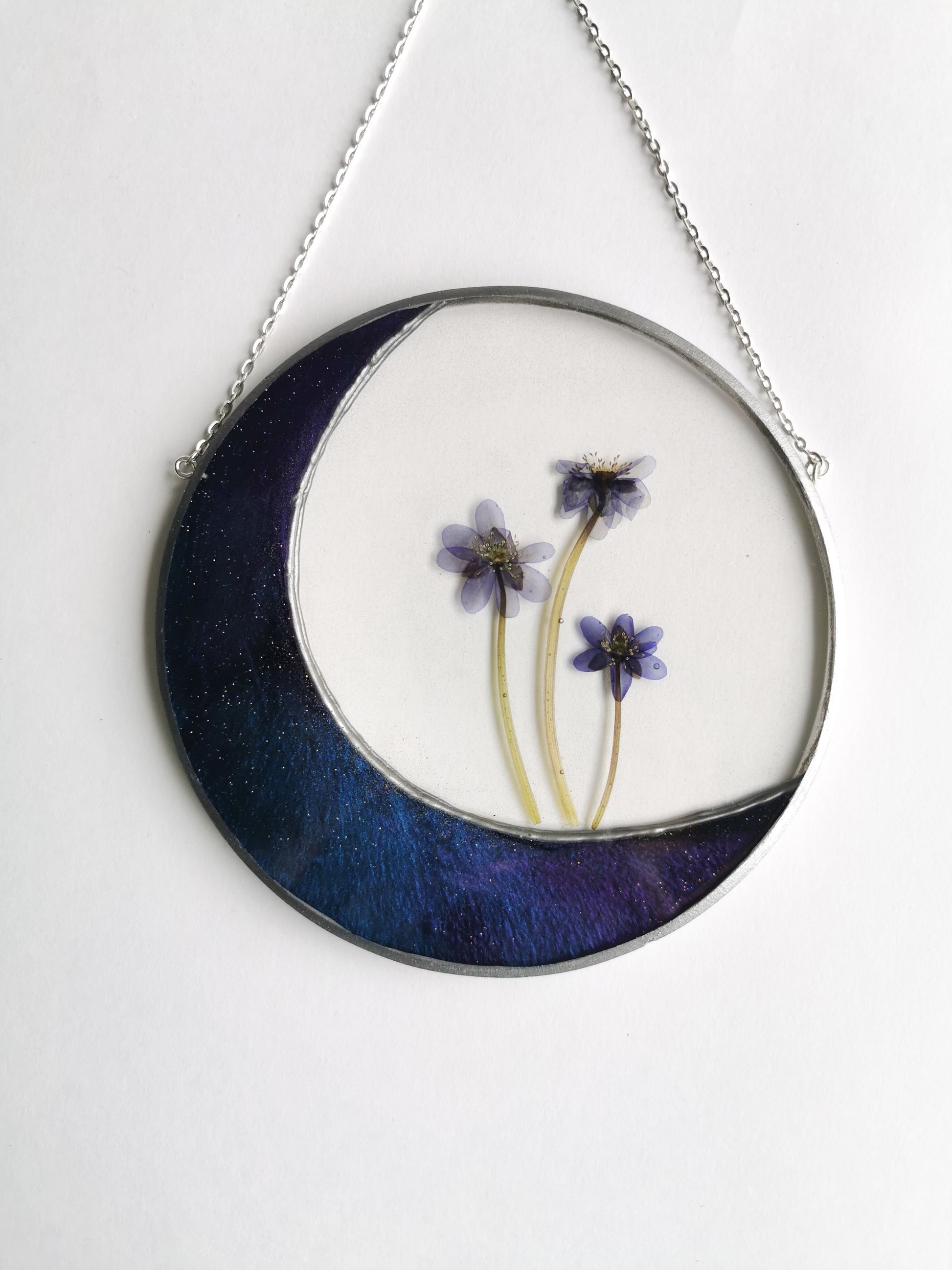 Resin moon sun catcher with real dried flowers in resin art boho
