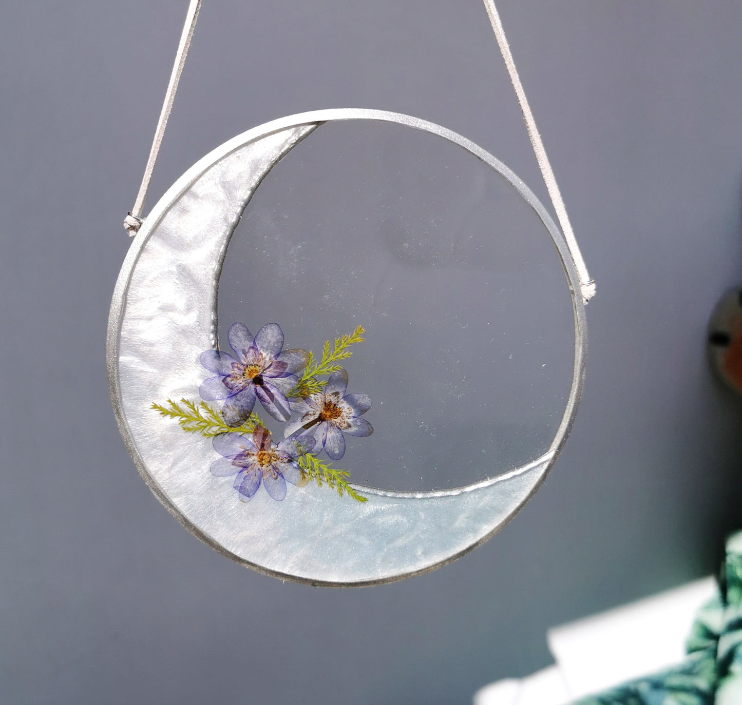 Resin moon window decor framed pressed flower