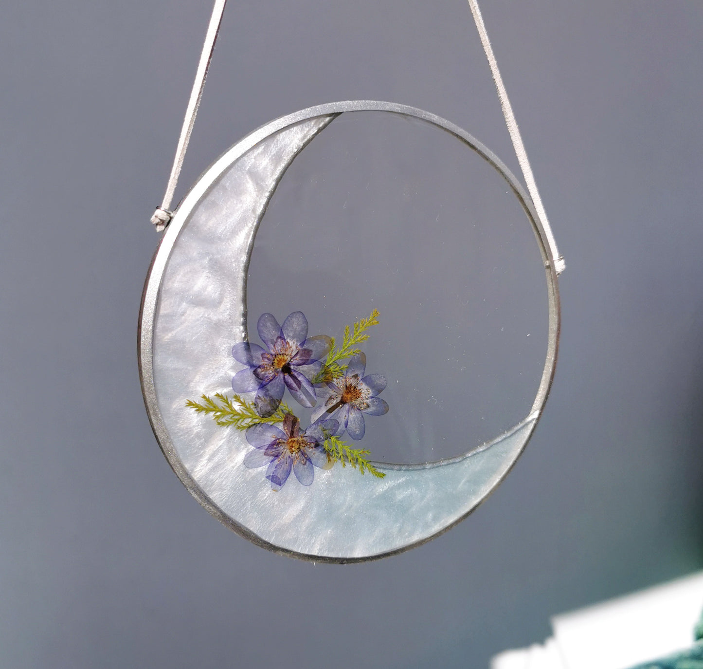 Resin moon window decor framed pressed flower