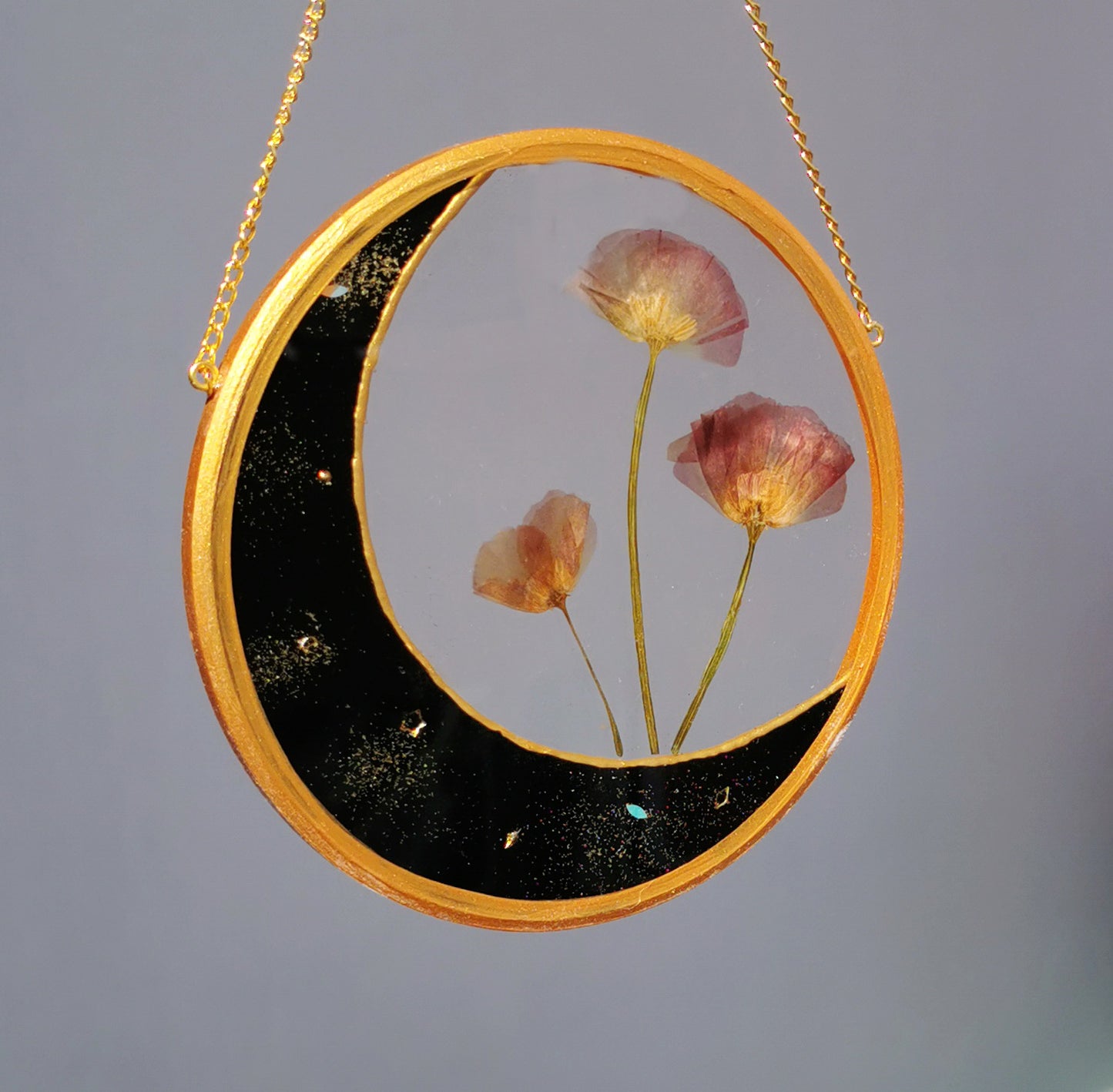 Resin moon art with real dried flowers