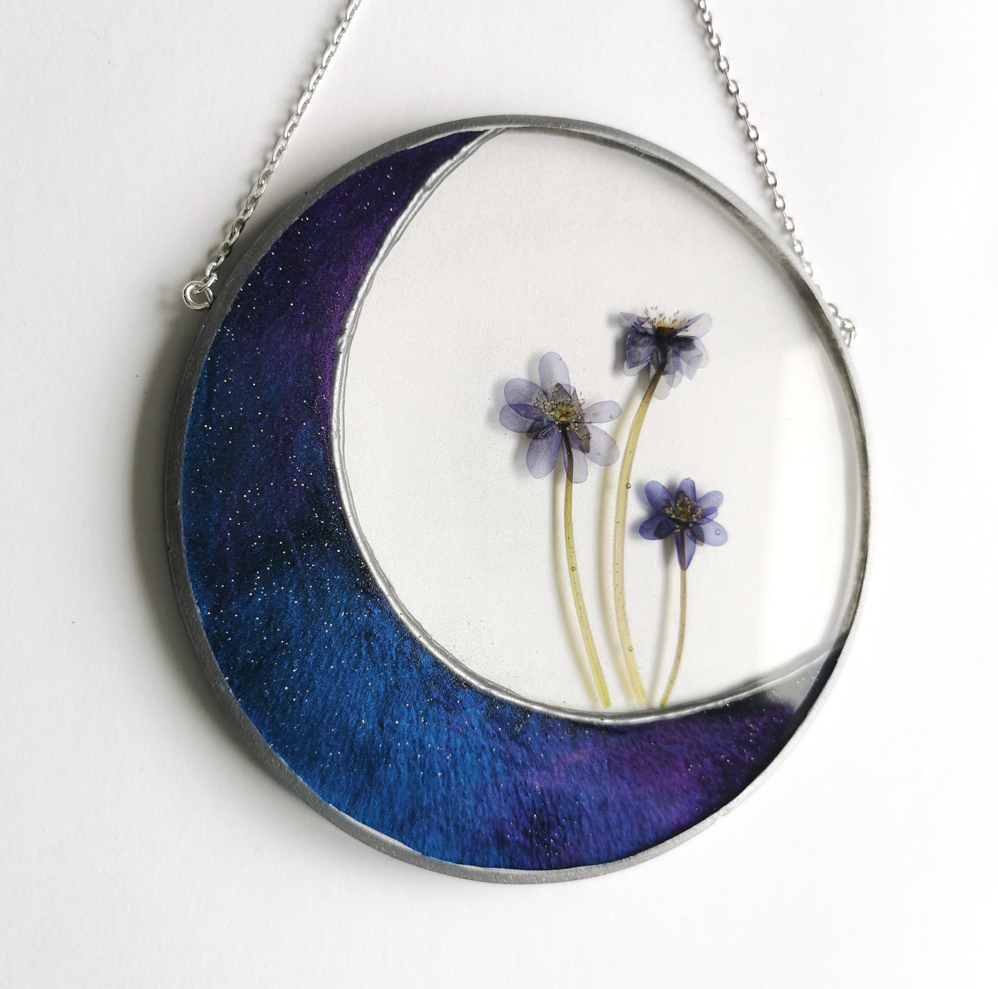 Resin moon sun catcher with real dried flowers