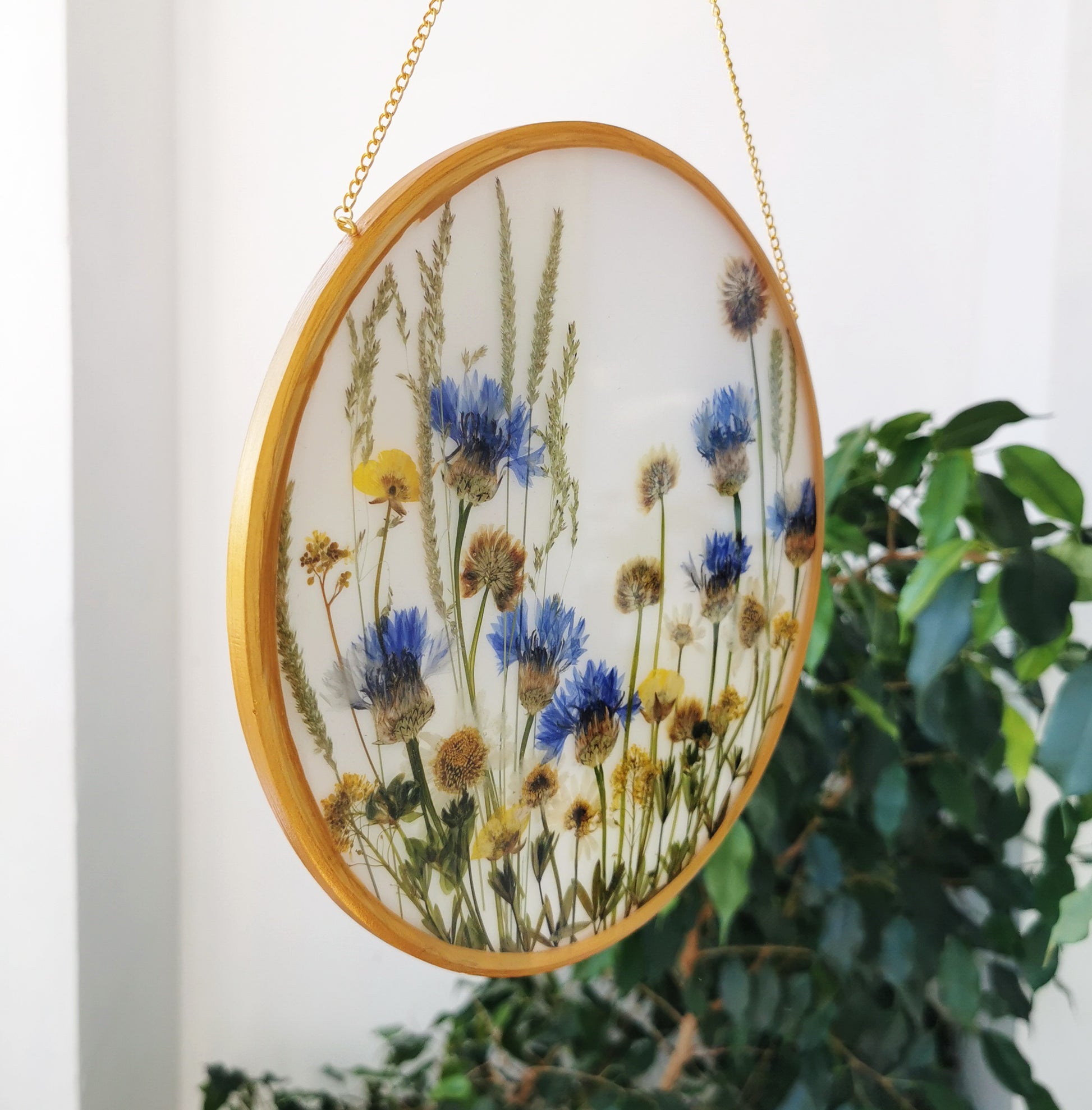 Dried flower art round frame with pressed flowers wall decor resin