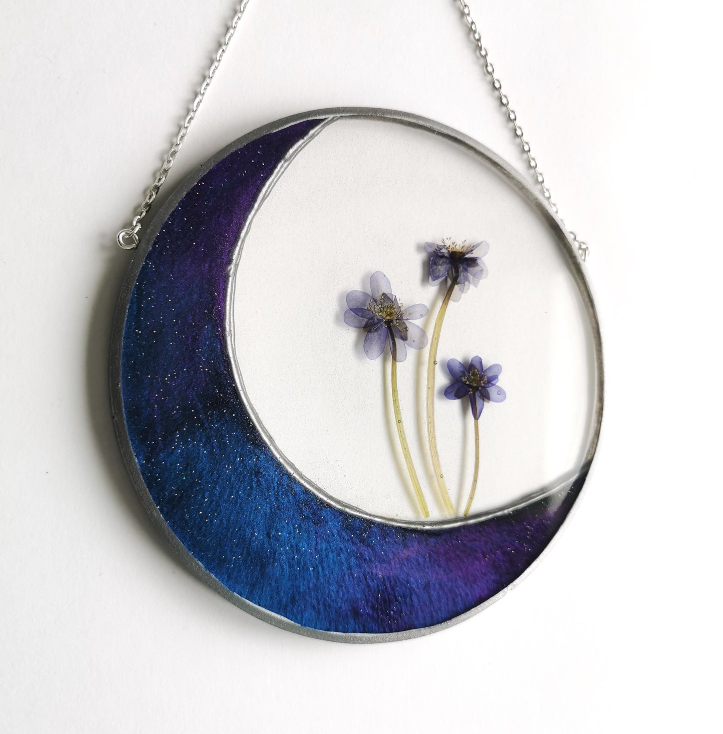 Resin moon sun catcher with real dried flowers