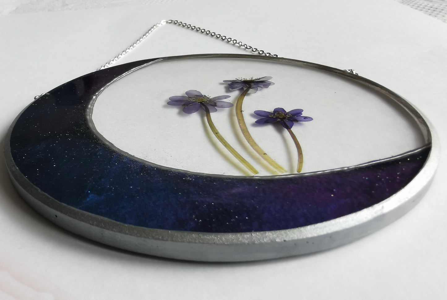 Resin moon sun catcher with real dried flowers