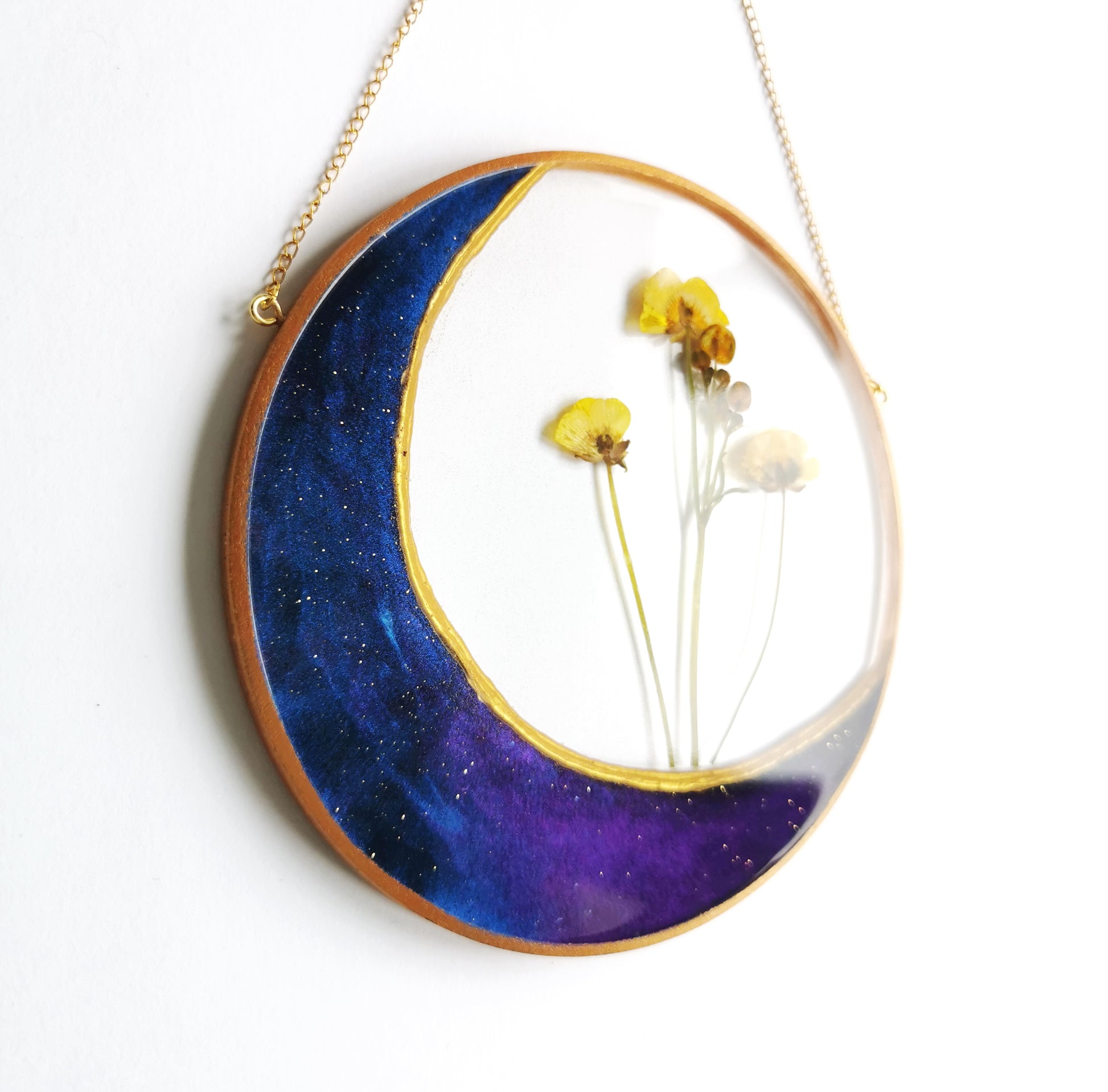 Resin moon art with real dried flowers frame moon sun catcher