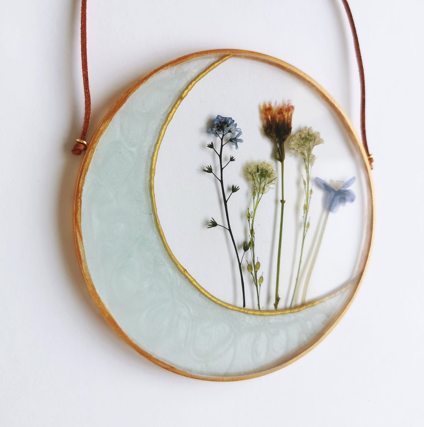Floral moon art with real pressed flowers