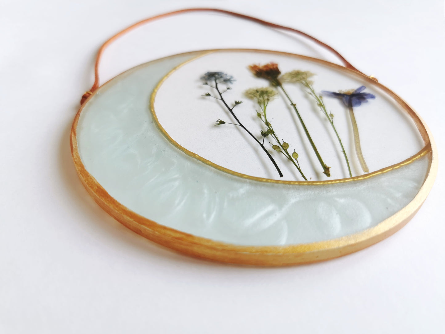 Floral moon art with real pressed flowers