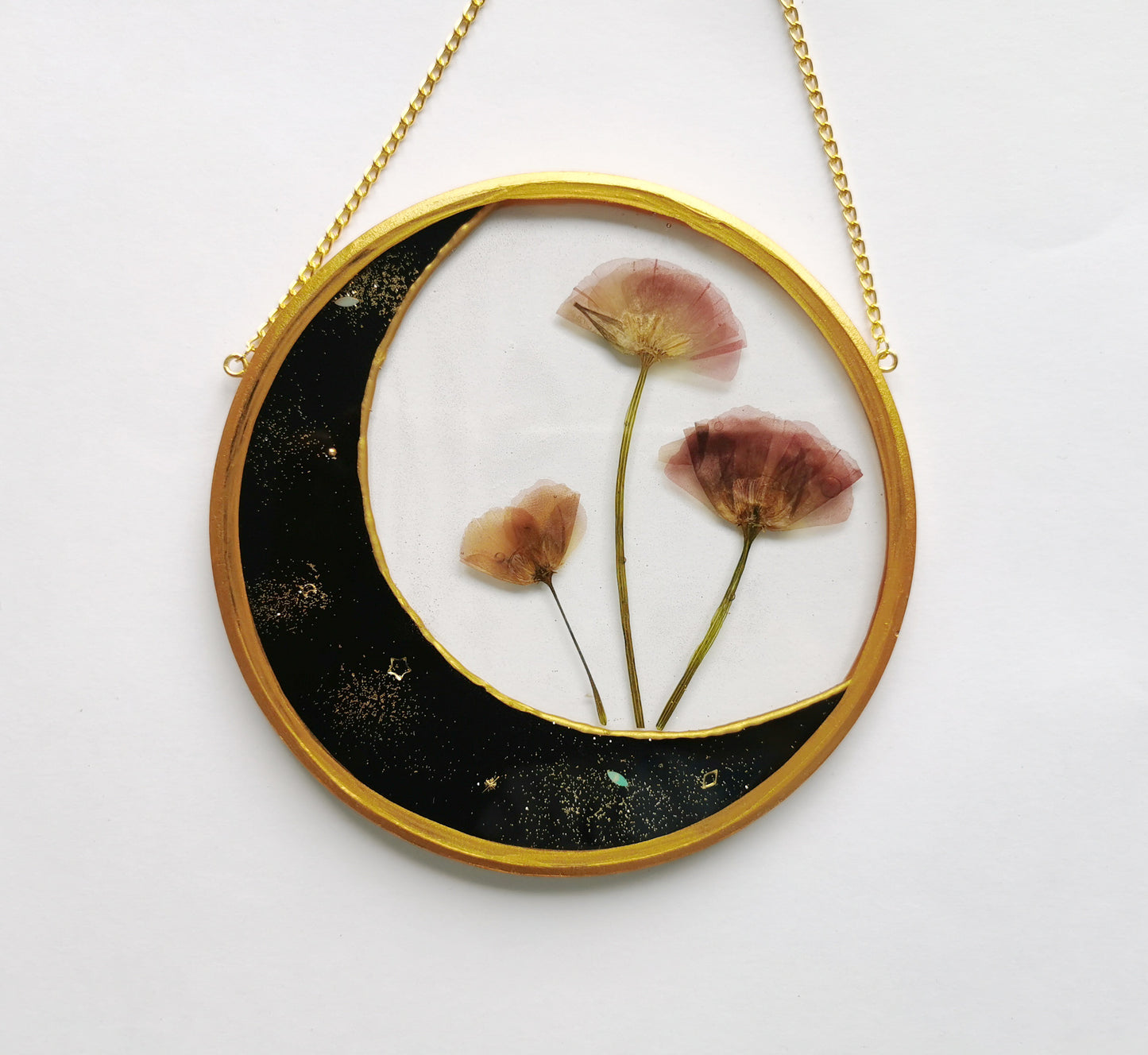 Resin moon art with real dried flowers