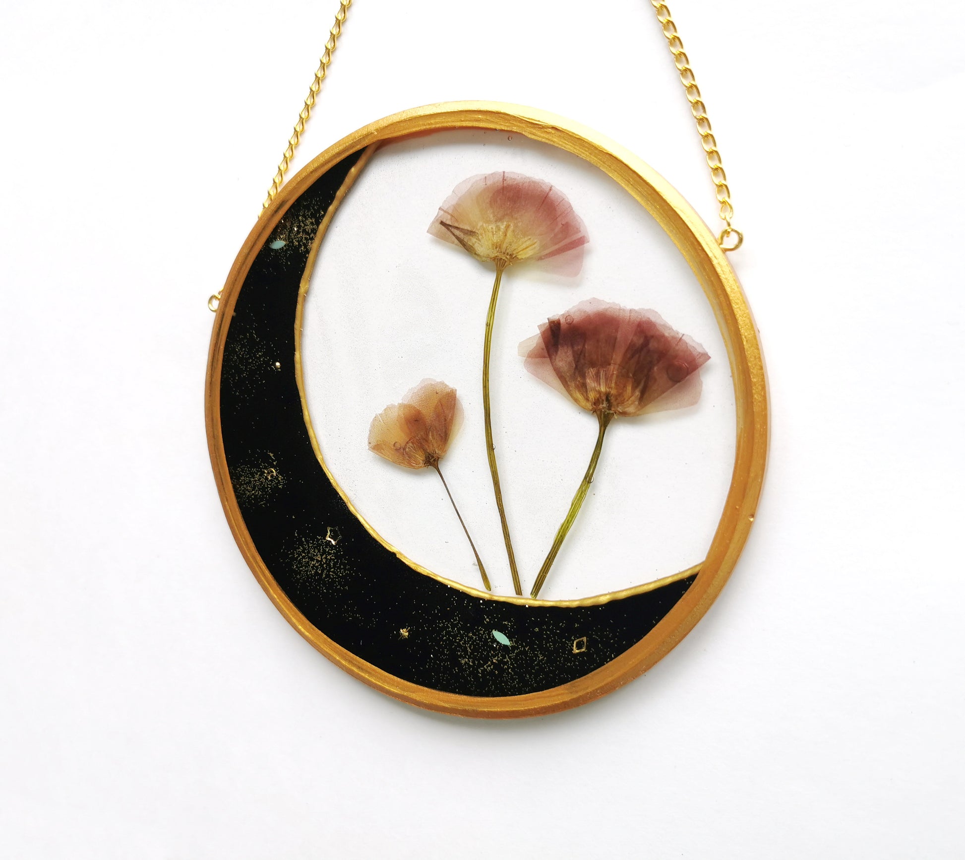 Resin moon art with real dried flowers