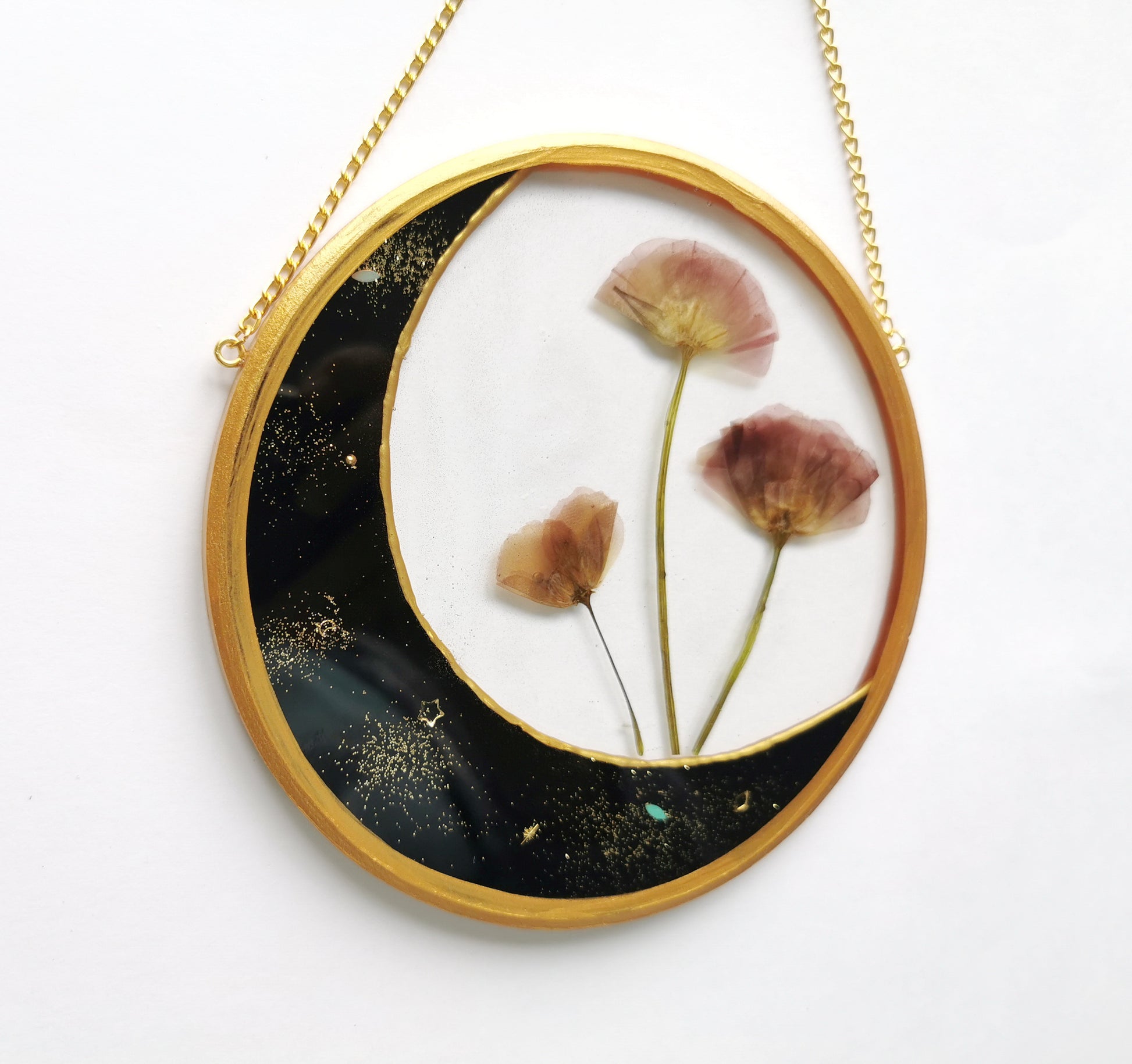 Resin moon art with real dried flowers