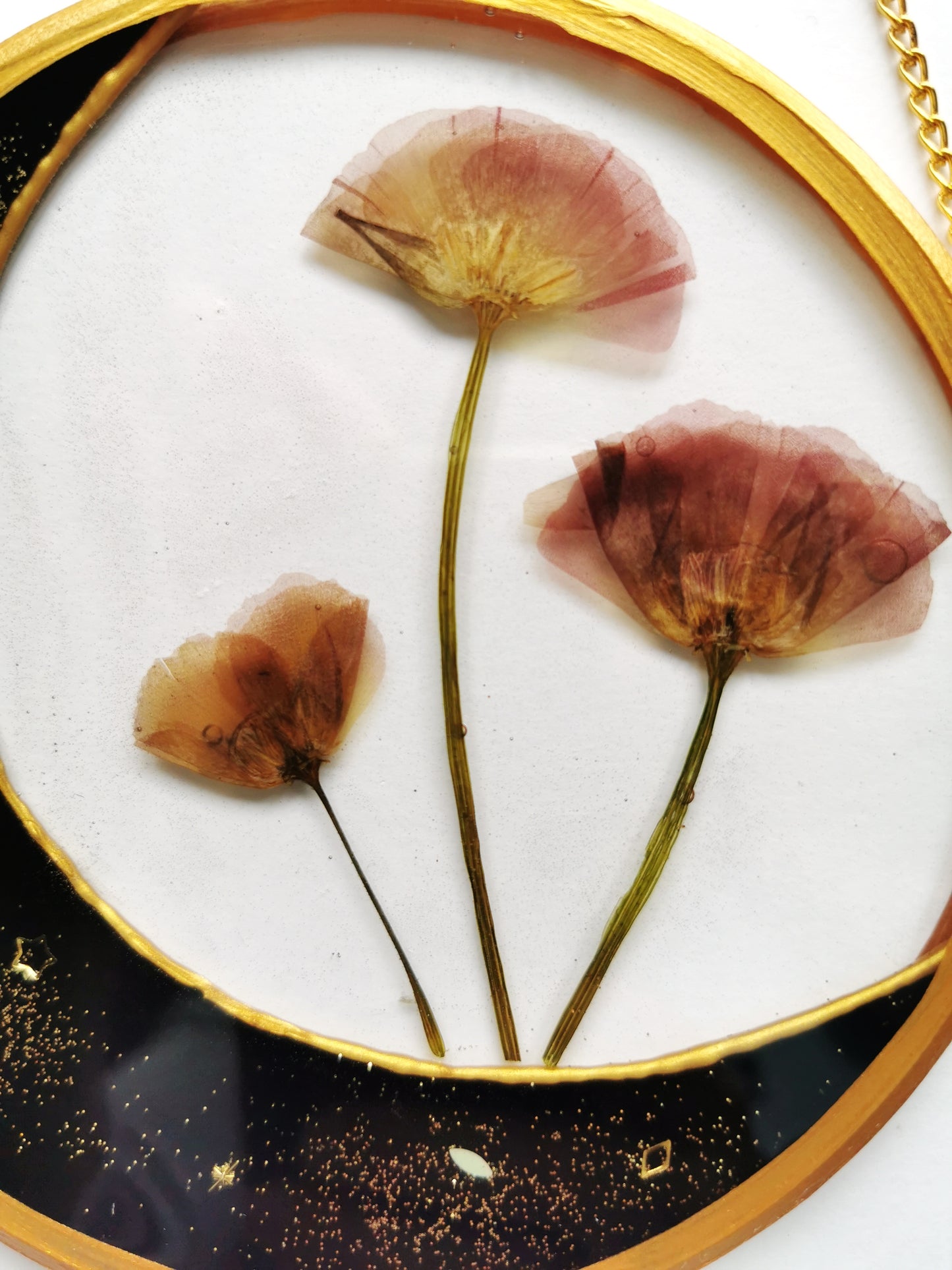 Resin moon art with real dried flowers